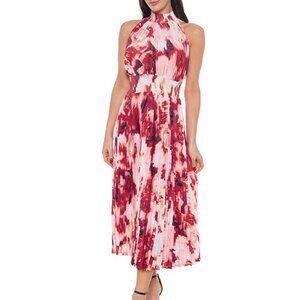 Tie Dye Pleated Mock Neck Sleeveless A-Line Midi Dress